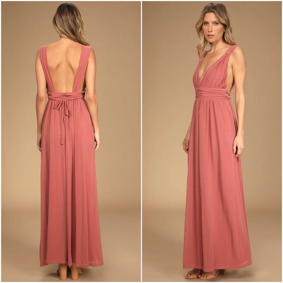 Lulu’s Mesmerized By Love Rusty Rose Mesh Lace Up Bridesmaid Maxi Dress Sz M - Picture 1 of 13